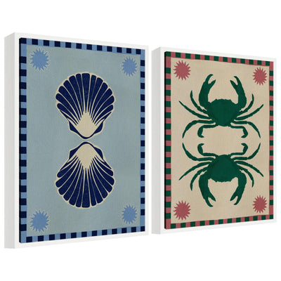 Sylvie Lush Duo Seashells and Crabs framed canvas art set showing seashell and crab designs with floating frames.