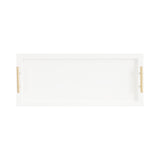 Rectangular white decorative tray with raised edges and two cylindrical gold handles on the shorter sides, shown from above on a white background.