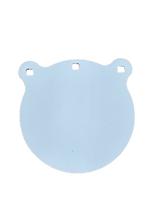 Round white steel gong target with three square holes near the top edge, set against a black background.