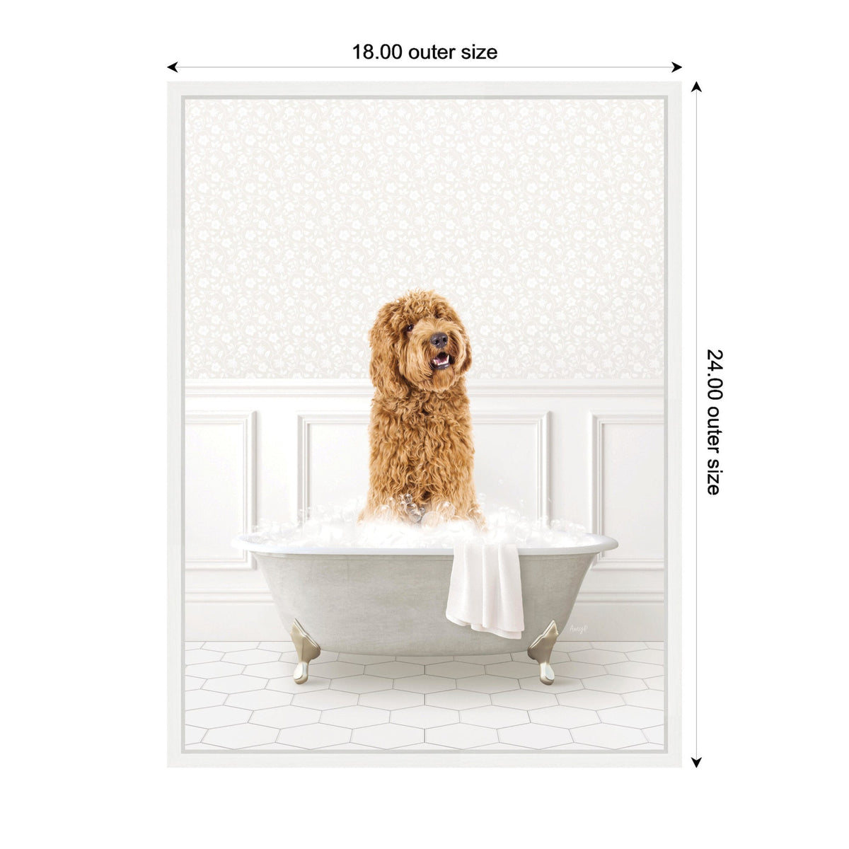 Curly-haired golden doodle sitting in a vintage clawfoot bathtub filled with bubbles, against a white paneled wall and hexagonal floor tiles.