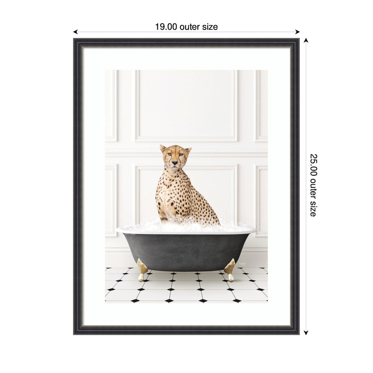 Framed print depicting a cheetah sitting upright in a black clawfoot bathtub filled with white foam on a black-and-white tiled floor against paneled white walls.