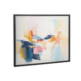 Abstract painting with broad brushstrokes in navy blue, soft pink, mustard yellow, and light blue on a white background, framed in black.