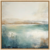 Abstract lake landscape with soft blue and teal water blending into beige and light brown hills under a pale, cloudy sky, framed in light wood.