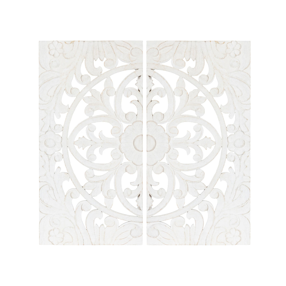 Saanvi Carved Wood Wall Art Set showing a circular hand-carved pattern with textured depth in warm wood tones