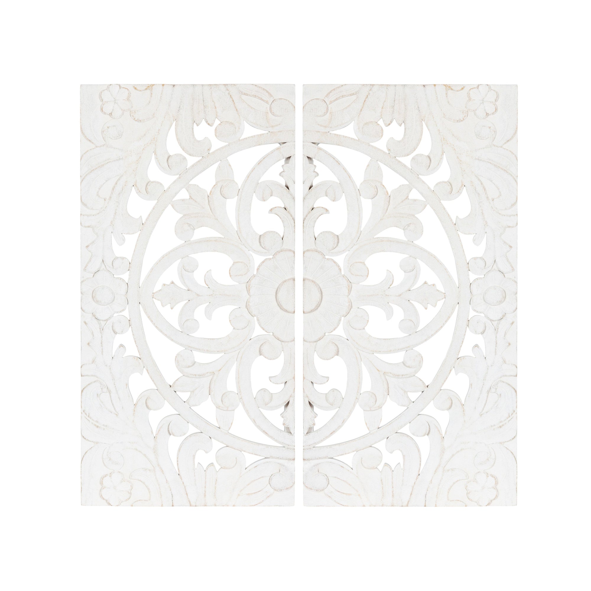Saanvi Carved Wood Wall Art Set showing a circular hand-carved pattern with textured depth in warm wood tones