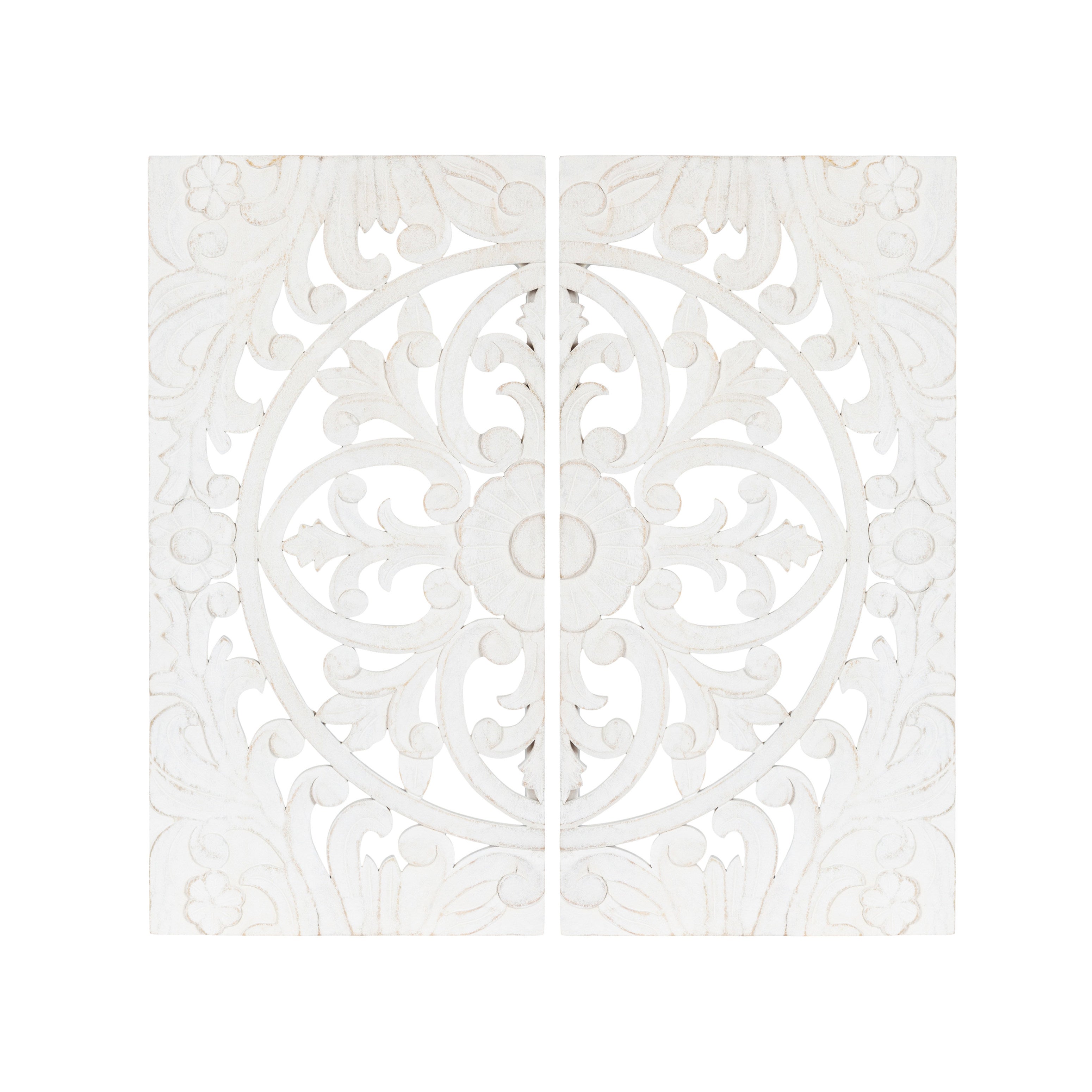 Saanvi Carved Wood Wall Art Set showing a circular hand-carved pattern with textured depth in warm wood tones