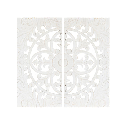Saanvi Carved Wood Wall Art Set showing a circular hand-carved pattern with textured depth in warm wood tones
