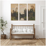 Three-panel framed canvas set depicting a landscape with trees and a river under a cloudy sky, hung above a wooden bench with white cushions in a bright room.