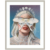 Moon Witch by Charlotte Brindley, framed wall art print showing a dark silhouette of a woman with moon phases and stars