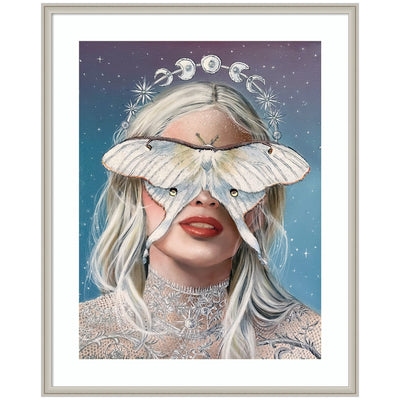 Moon Witch by Charlotte Brindley, framed wall art print showing a dark silhouette of a woman with moon phases and stars