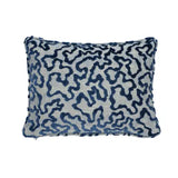Blue velvet Janis pillow cover paired with natural ivory linen back, shown folded with piping detail