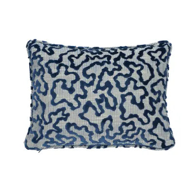 Blue velvet Janis pillow cover paired with natural ivory linen back, shown folded with piping detail