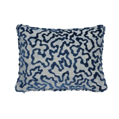Blue velvet Janis pillow cover paired with natural ivory linen back, shown folded with piping detail