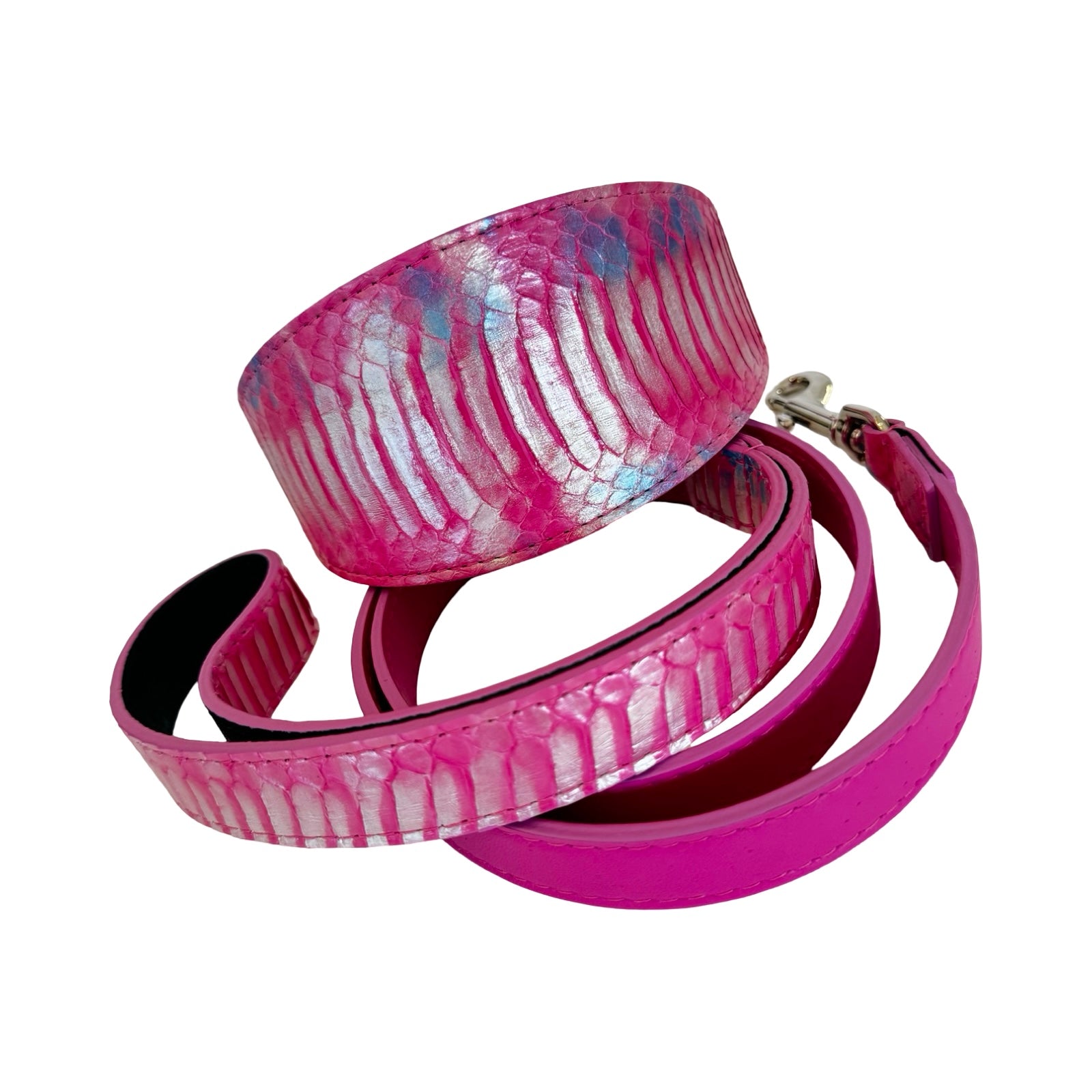Pavé In Pink Authentic Iridescent Snake 3-Inch Wide Style Statement Collar and Leash Set in vibrant iridescent pink and purple hues