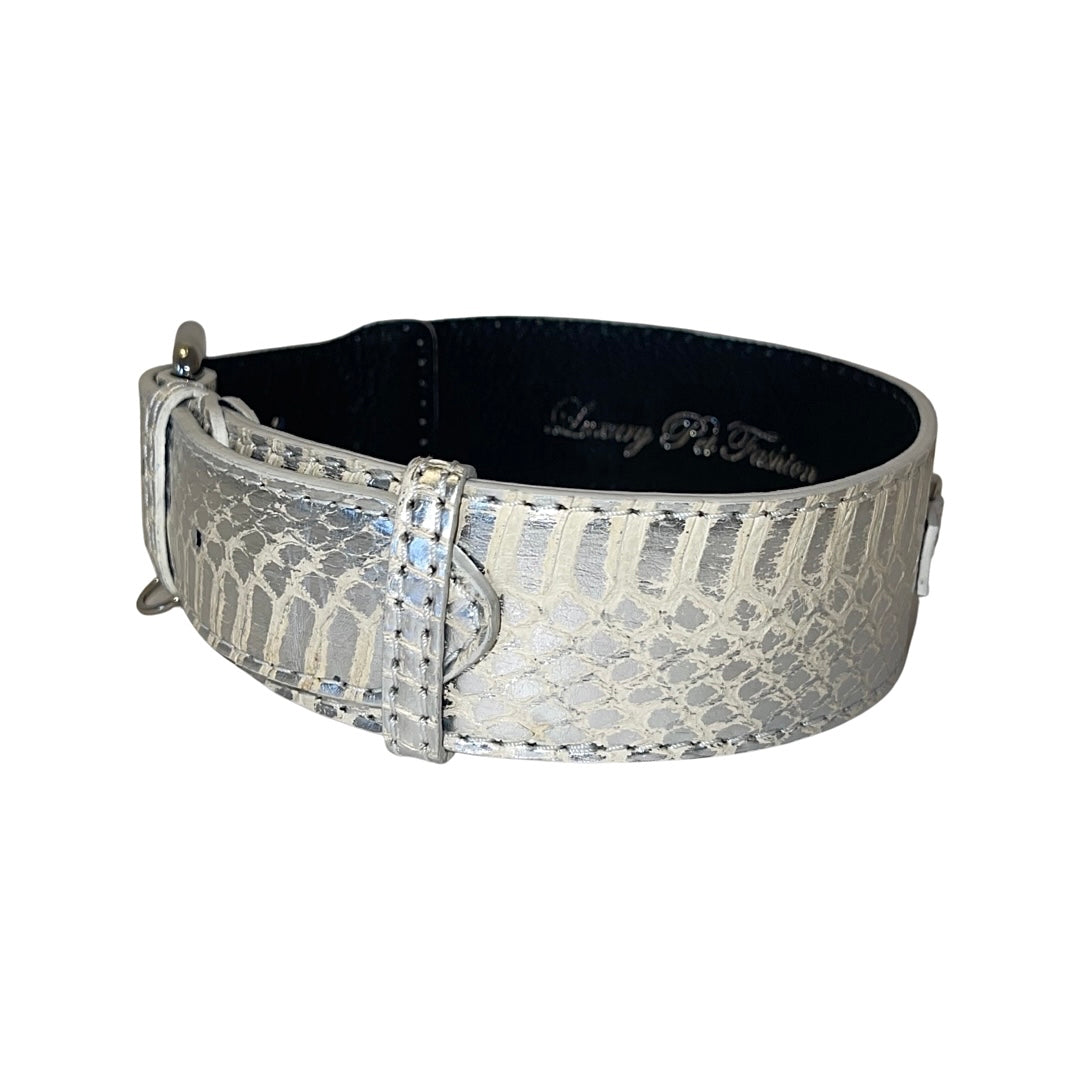 Silver snake-patterned leather collar with classic silver buckle hardware and stitched edges, shown in a curved position on white background.