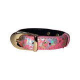 Bubblegum pink pet collar with gold buckle and holographic snakeskin pattern featuring silver and iridescent scales.