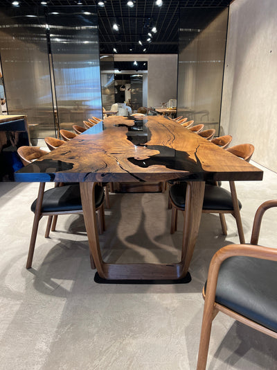 Epoxy Resin River Dining Table with Walnut Wood Legs showcasing natural wood and vibrant resin river design