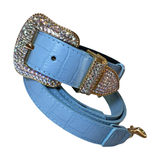 La Jolla Collar & Leash Set made of matte baby blue embossed croc Italian leather with Swarovski Crystal hardware