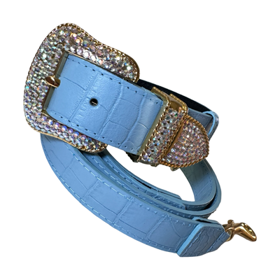 La Jolla Collar & Leash Set made of matte baby blue embossed croc Italian leather with Swarovski Crystal hardware