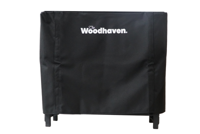 Woodhaven Full Firewood Rack Cover on firewood rack in outdoor setting