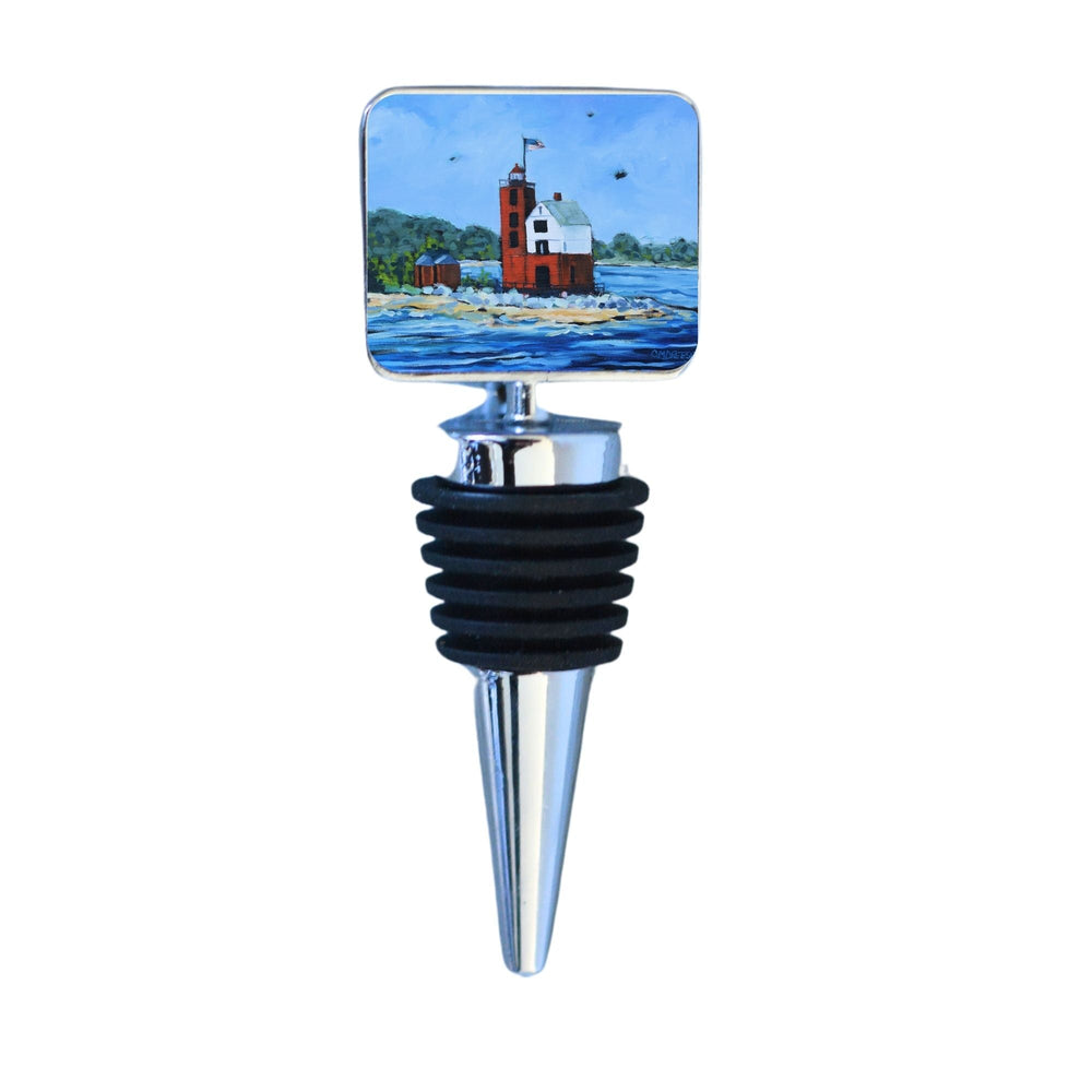 Wine Bottle Stopper featuring Round Island Lighthouse design by Dreese Fine Art