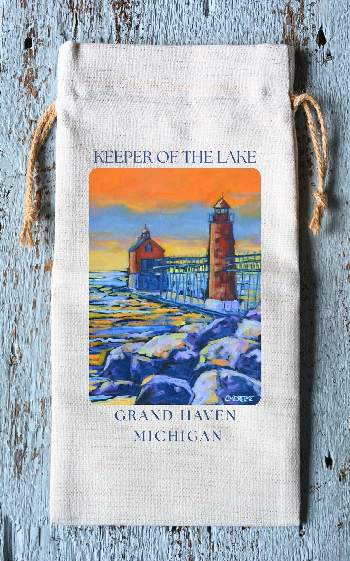 Wine Tote: Grand Haven Lighthouse - Keeper of the Lake by Dreese Fine Art - Resin Society