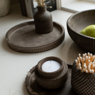 Fluted oval resin stoneware tray in Mocha Stone and Limestone tones by Lynn & Liana Designs