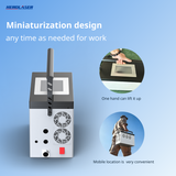 Compact white and gray portable laser cleaning machine with dual fans and a vertical handle, highlighting ease of one-hand lifting and convenient mobile use outdoors.
