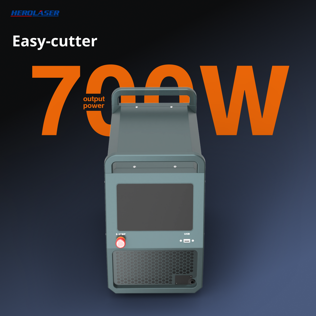 Compact gray laser cutter with handle and vented lower panel, set against a dark gradient background with bold orange '700W' power text.