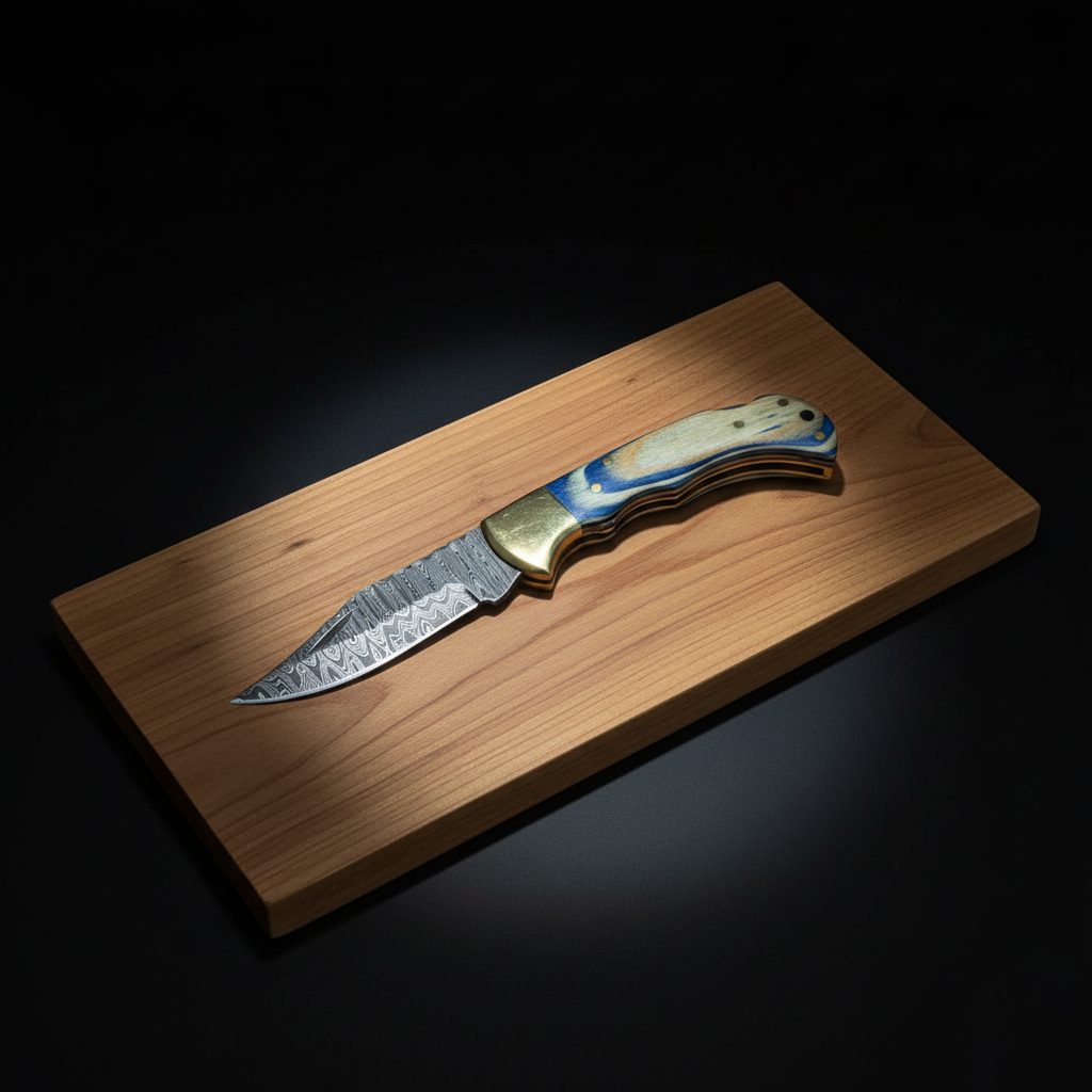 Ocean Wave Damascus Folding Knife with blue and ivory resin handle and hand-forged Damascus steel blade