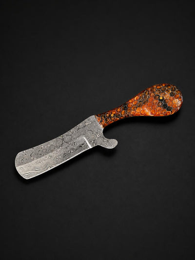 Titan Fossil "Amber Hive" Damascus Bull Cowboy Cutter | Honeycomb Resin Handle | Hand-Tooled Leather Sheath TK-513