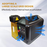 Black and yellow portable laser engraving machine with a large grid ventilation design illustrated by blue arrows showing airflow to reduce heat accumulation.
