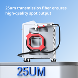 Gray rectangular fiber laser cleaner with red circular mounting and black handle cable on caster wheels, showcased against a gradient blue background with white text.