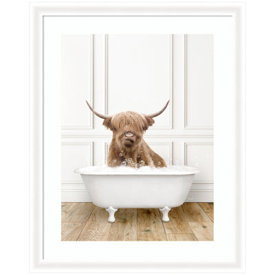 Highland Cow in Traditional Vintage Bathtub by Amy Peterson Framed Wall Art Print