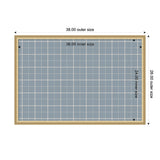Rectangular framed fabric pinboard with light blue plaid pattern and grid lines, labeled with 38x26 inch outer and 36x24 inch inner dimensions from top view.