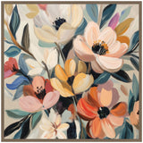 Abstract floral painting with large peach, orange, cream, and yellow flowers interspersed with blue-green leaves on a light neutral background in a simple frame.
