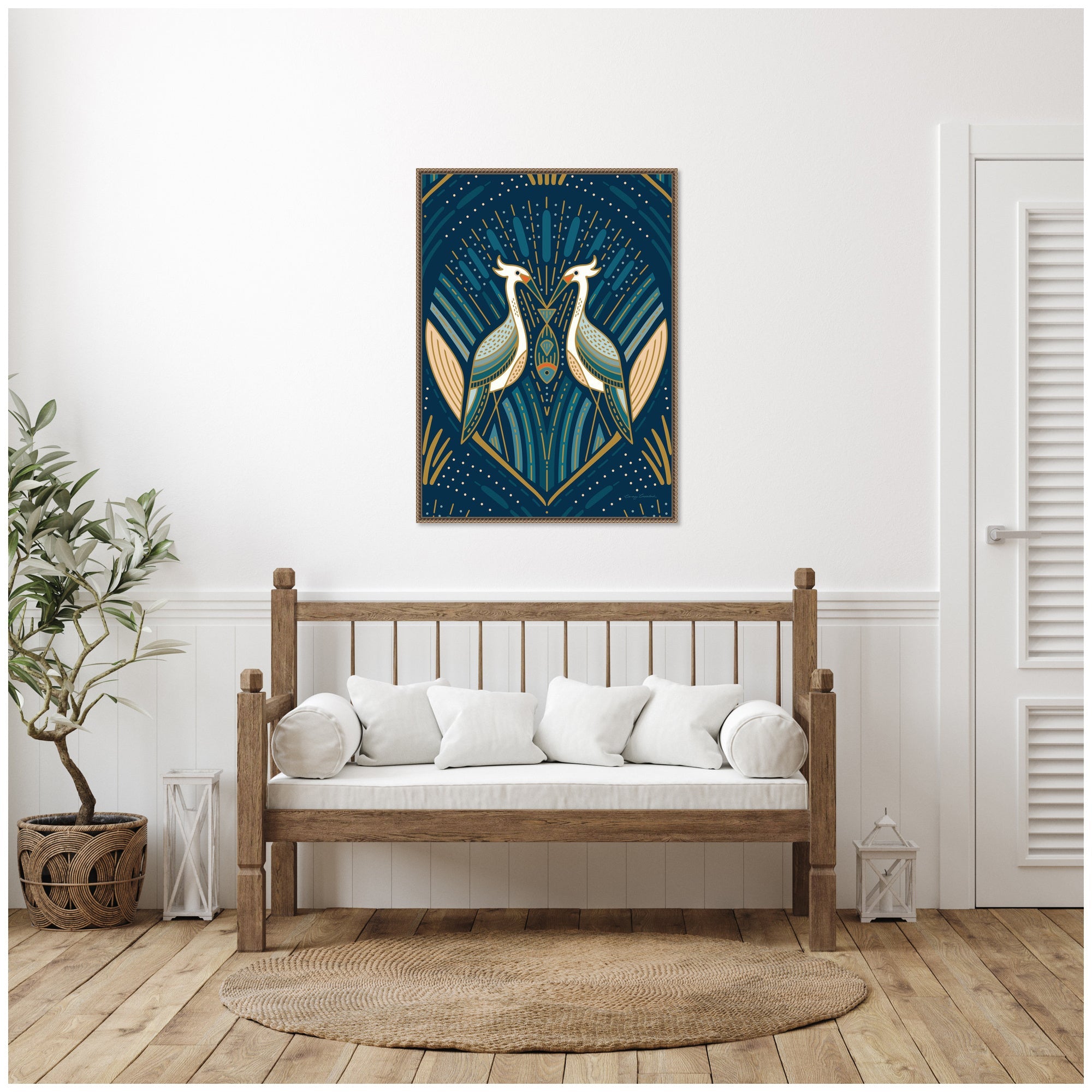 Sylvie Art Deco Herons Blue Framed Canvas by Carey Copeland