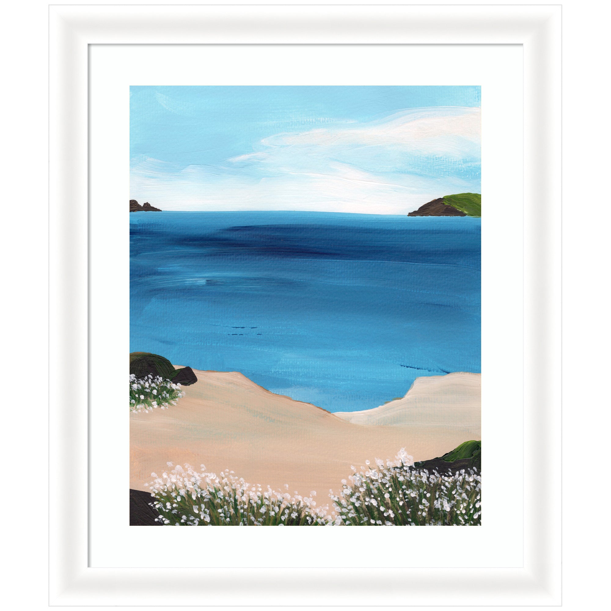 Framed art print depicting a tranquil coastal scene with ocean, sand dunes, white flowers, and blue sky by Nikita Jariwala