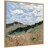 Framed painting of a mountainous landscape with textured blue and pink clouds above dark green and brown hills and dry brush in the foreground.