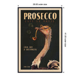 Vintage-style poster showing an ostrich wearing orange glasses and smoking a pipe with bubbles, promoting Prosecco at Cafe La Notte with text details.