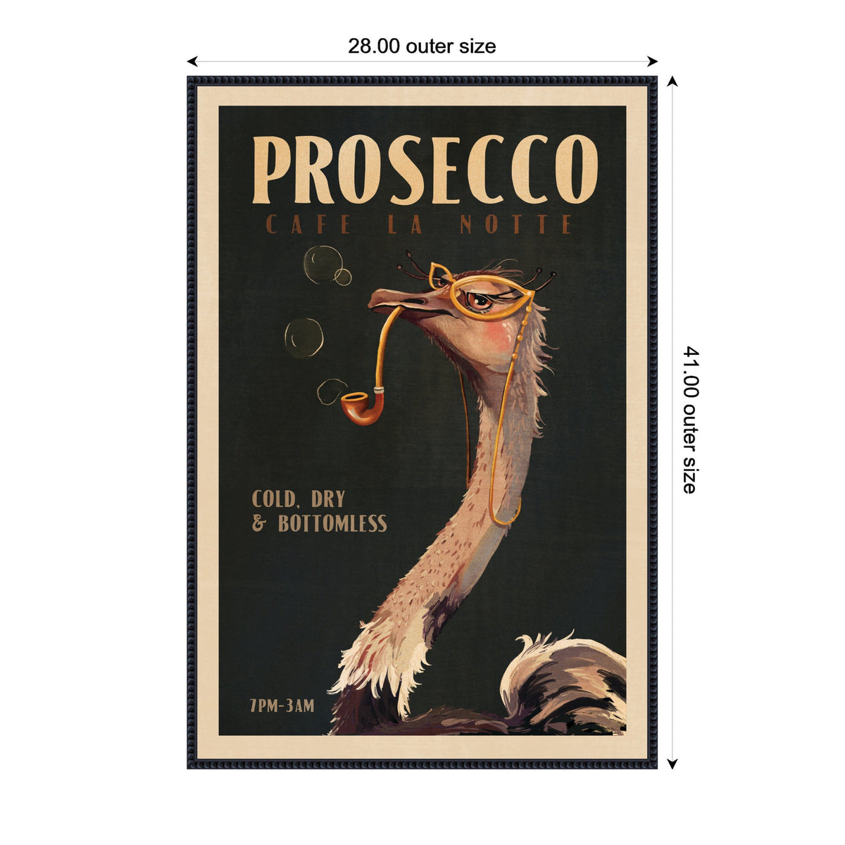 Vintage-style poster showing an ostrich wearing orange glasses and smoking a pipe with bubbles, promoting Prosecco at Cafe La Notte with text details.
