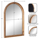 Arch-shaped wall mirror with a natural rustic solid wood frame featuring a 1.5-inch deep scooped profile and D-ring hangers on the back.