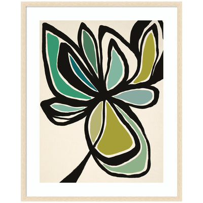Framed Art Midnight Floral 3 by Alicia Bock hanging on a wall, showing abstract botanical shapes in green, teal, and olive tones.