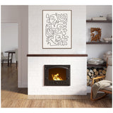 Minimalist black line abstract artwork in black frame above white brick fireplace with burning fire, next to shelves with wood pieces and neutral-toned decor in a modern room.