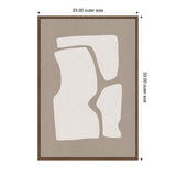 Abstract framed canvas print titled Organic Figures No. 2 with three irregular white shapes on a muted taupe background, measuring 23 by 33 inches.