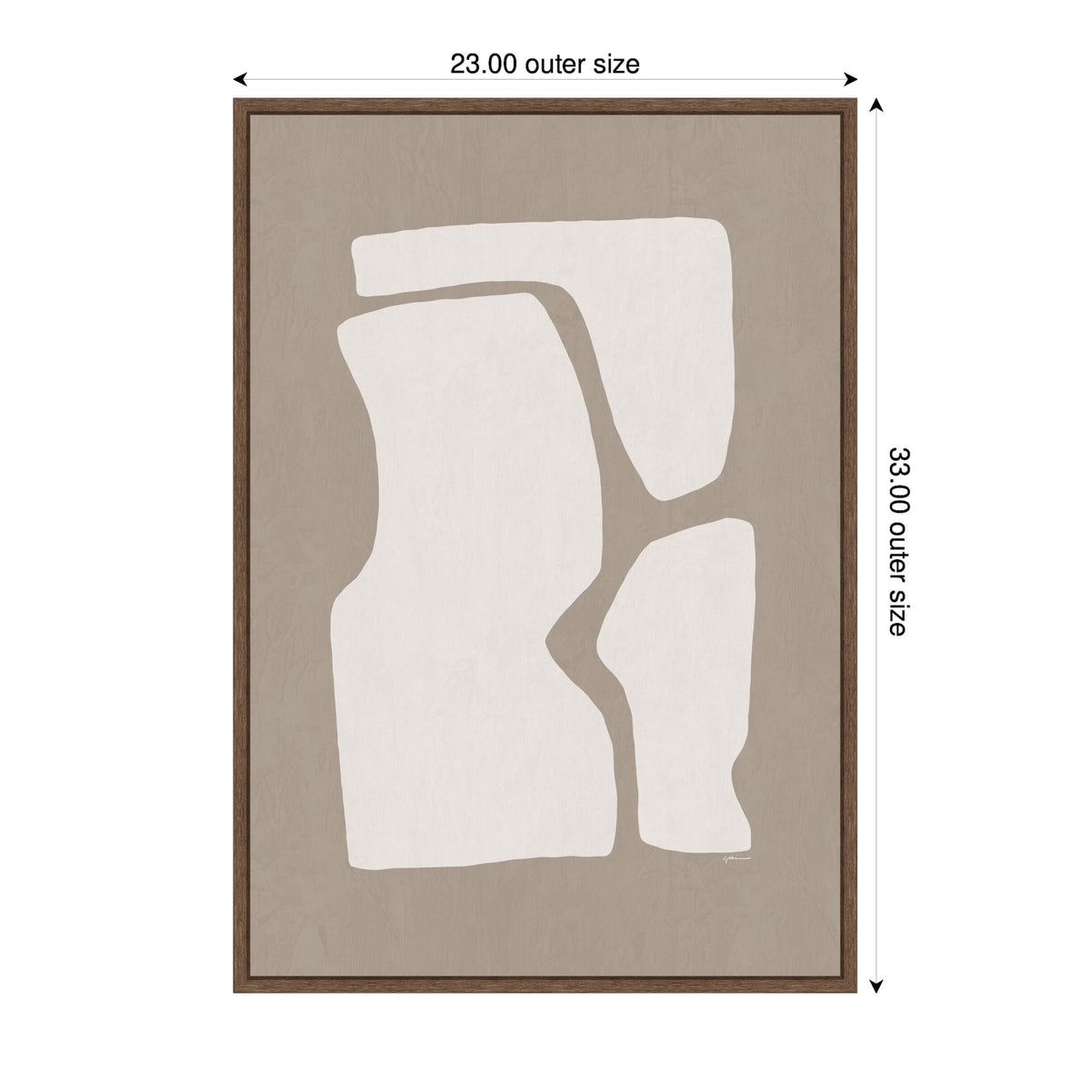 Abstract framed canvas print titled Organic Figures No. 2 with three irregular white shapes on a muted taupe background, measuring 23 by 33 inches.