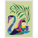 Abstract swan composed of geometric shapes in vibrant colors, accompanied by stylized green leaves and yellow flowers on a light green background, framed in white.