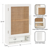 White wall cabinet with natural woven cane door, featuring a small 14x5-inch cubby below and a wood cleat hanger on the back, measuring 23.75 inches tall.