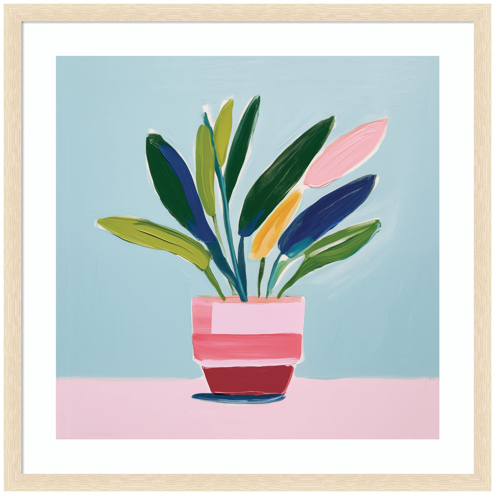 Framed abstract art print of a colorful potted plant with leaves in green, pink, yellow, and blue, set against a light blue background