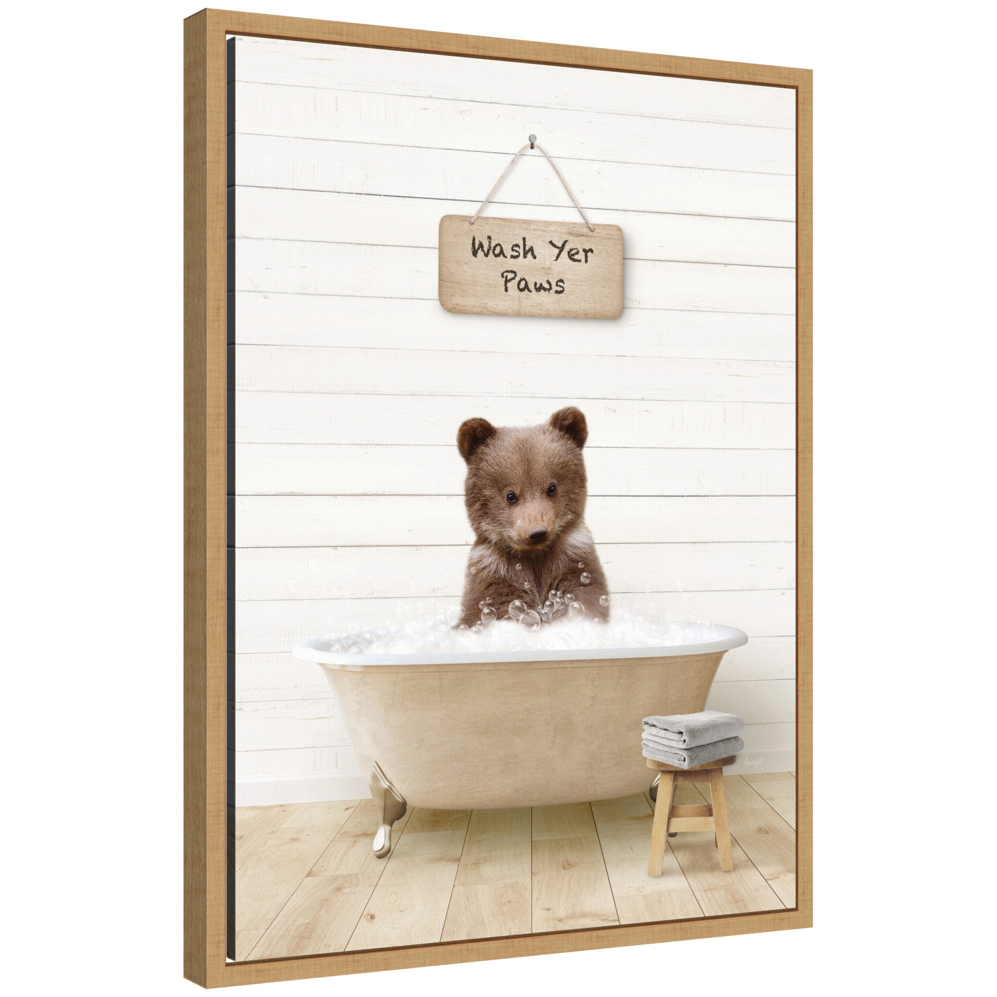 Sylvie Bear Cub in Modern Bathtub Wash Your Paws Framed Canvas